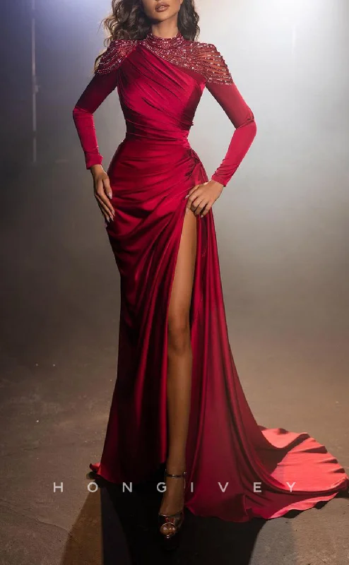 Maxi dress with artistic design-L1349 - Classic & Timeless Red High Neck Long Sleeve With Side Slit Party Prom Evening Dress