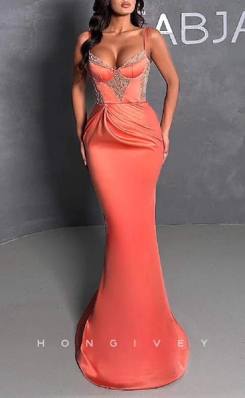 Maxi dress with adjustable waist-L1355 - Sexy Satin V-Neck Spaghetti Straps Empire Ruched Floor-Length Party Prom Evening Dress