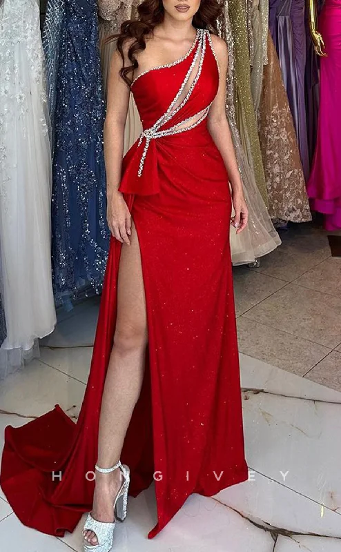 Bohemian print maxi dress-L1368 - Sexy Red One Shoulder Illusion Empire With Side Slit Long Party Prom Evening Dress