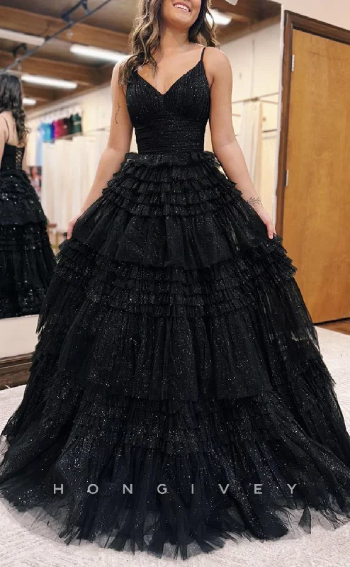 Maxi dress with voluminous skirt-L1379 - Classic Black V-Neck Spaghetti Straps Empire Tiered Ball Gown Long Party Prom Evening Dress