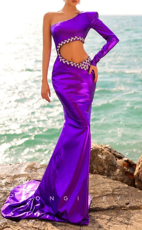 Maxi dress with cap sleeves-L1413 - Sexy Fitted One Shoulder Illusion With Train Party Prom Evening Dress