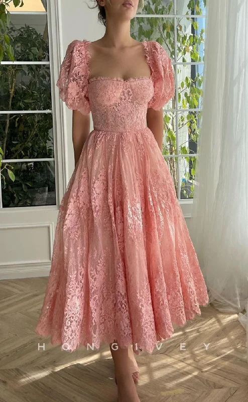 Lace overlay maxi dress-L1422 - Elegant A-Line Empire Square Short Sleeve Illusion Floral Party Prom Evening Dress