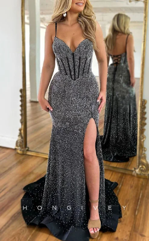 Floral embroidered maxi dress-L1423 - Sexy Fitted Fully Beaded V-Neck Spaghetti Straps With Side Slit Party Prom Evening Dress