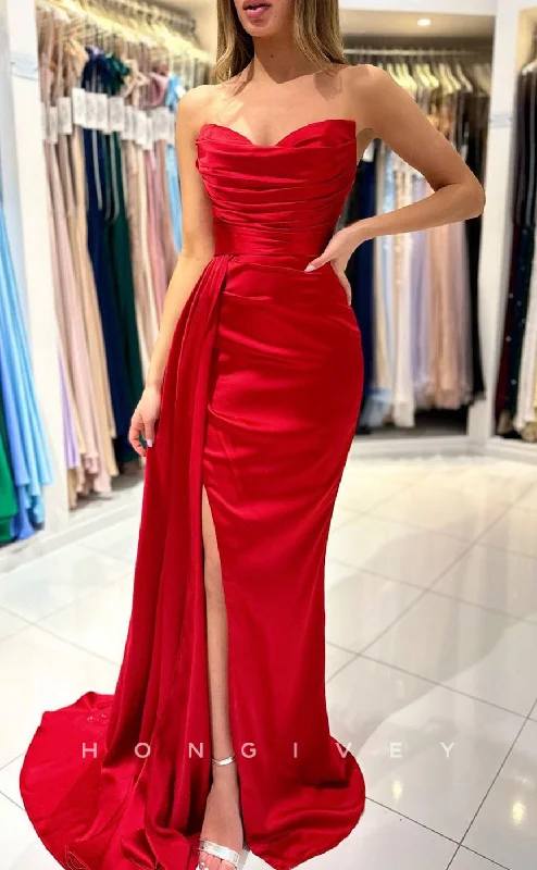 Colorblock maxi dress-L1425 - Sexy Fitted Red V-Neck Strapless Ruched With Side Slit Train Party Prom Evening Dress