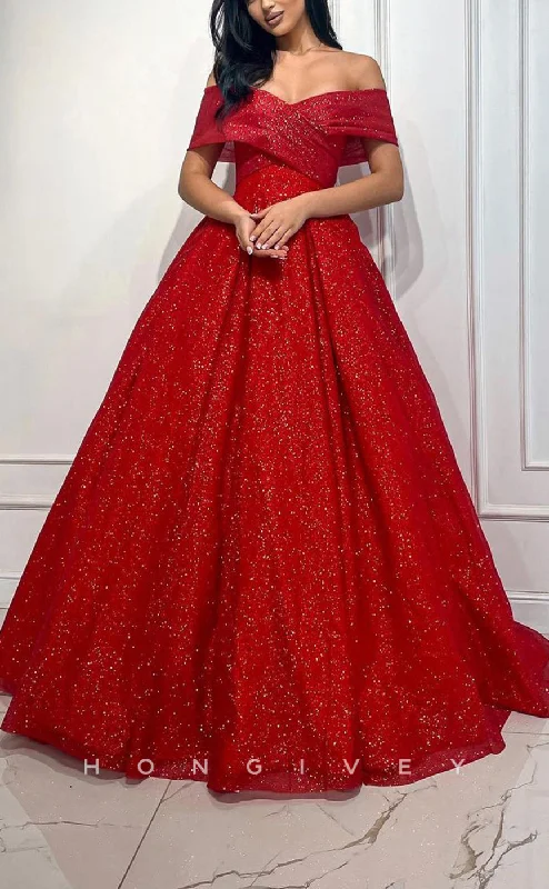 Velvet texture maxi dress-L1431 - Chic Glitter Tulle Red A-Line Off-Shoulder Floor-Length Party Prom Evening Dress