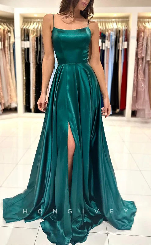 Maxi dress with tulip skirt-L1439 - Simple Satin Empire Square Spaghetti Straps With Side Slit Party Prom Evening Dress