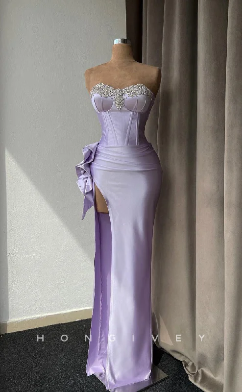 Maxi dress with side slits-L1443 - Sexy Fitted Satin Sweetheart Strapless Ruched High Slit Party Prom Evening Dress