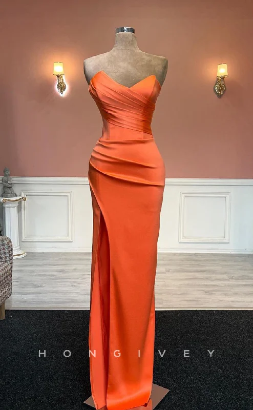 Maxi dress with shirred bodice-L1445 - Sexy Fitted Satin Asymmetrical Sleeveless Empire With Side Slit Party Prom Evening Dress