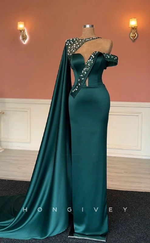 Maxi dress with retro style-L1447 - Elegant Fitted Satin Asymmetrical One Shoulder With Bolero Party Prom Evening Dress