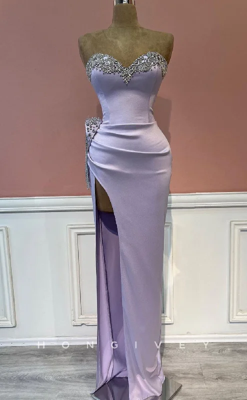 Maxi dress with metallic threads-L1449 - Sexy Fitted Satin Sweetheart Sleeveless Ruched With Side Slit Party Prom Evening Dress