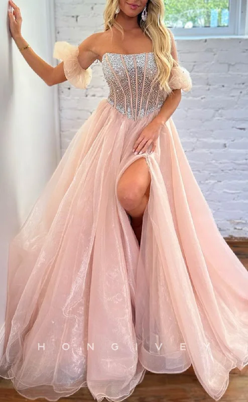 Maxi dress with frilly neckline-L1459 - Chic Tulle A-Line Glitter Bateau Puff Sleeves Gown With Side Slit Party Prom Evening Dress