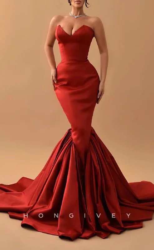 Maxi dress with crochet overlay-L1466 - Elegant Satin Trumpt V-Neck Strapless Empire Party Prom Evening Dress