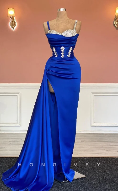 Maxi dress with adjustable straps-L1479 - Sexy Satin Sweetheart Spaghetti Straps Beaded Empire Ruched With Side Slit Party Prom Evening Dress