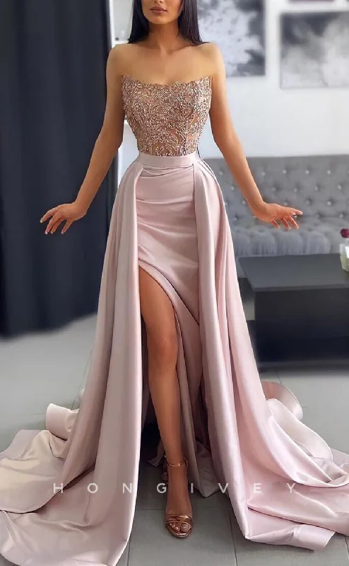 Empire waist maxi dress-L1484 - Sexy Fitted Satin Appliques Bateau Sleeveless With Side Slit Train Party Prom Evening Dress