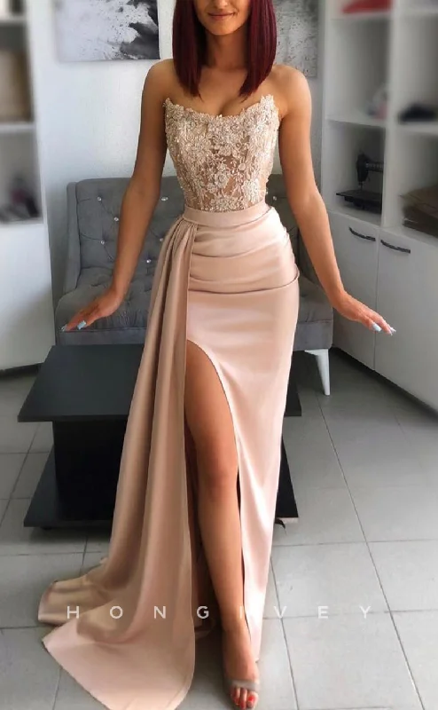 Colorblock maxi dress-L1486 - Sexy Fitted Satin Bateau Sleeveless RuchedAppliques With Side Slit Train Party Prom Evening Dress