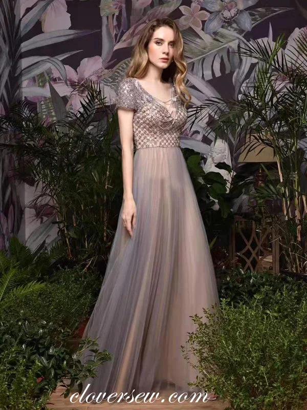 Maxi dress with high split-Dusty Bead Tassels Sequin Lace Tulle Short Sleeves A-line Prom Dresses, CP0183