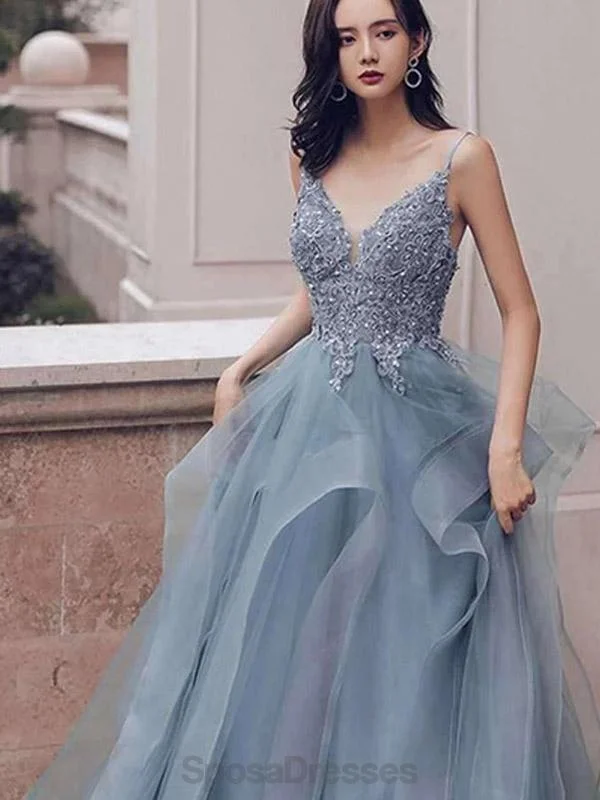 Maxi dress with tiered bodice-Dusty Blue V Neck Spaghetti Straps Lace Beaded Cheap Evening Prom Dresses, Evening Party Prom Dresses, 12170