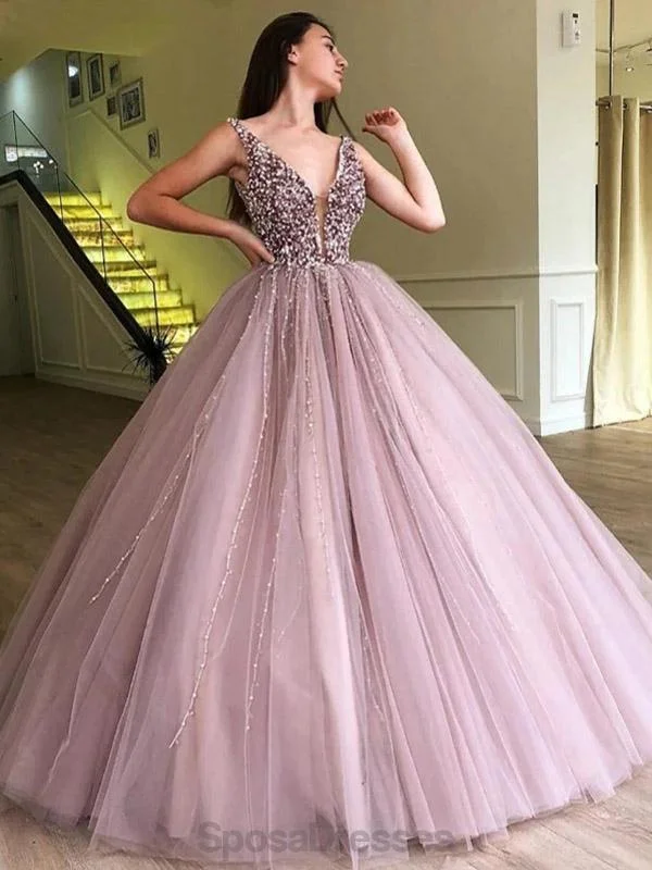 Maxi dress with side pockets-Dusty Purple V Neck Heavily Beaded Cheap Evening Prom Dresses, Evening Party Prom Dresses, 12172