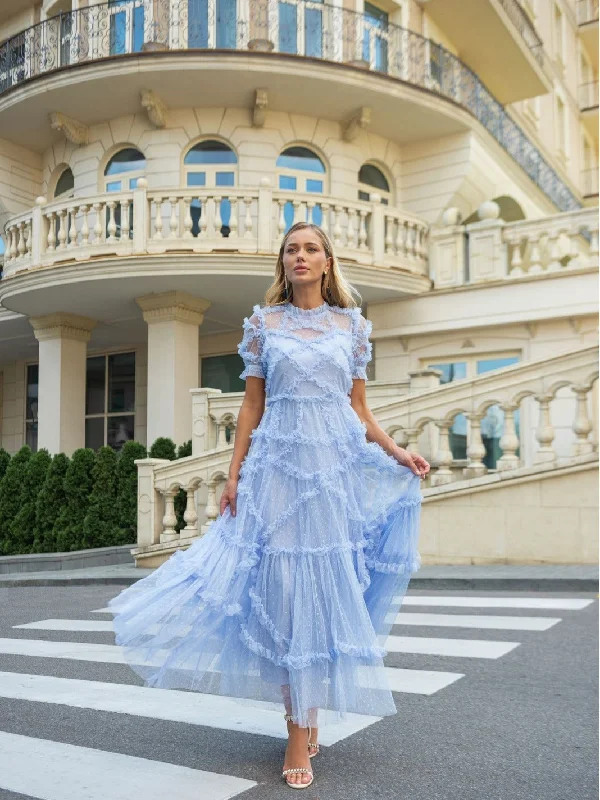 Maxi dress with braided belt-Elegant A-Line Mock Neck Short Sleeves Tulle Tiered Ruffle Prom Dresses