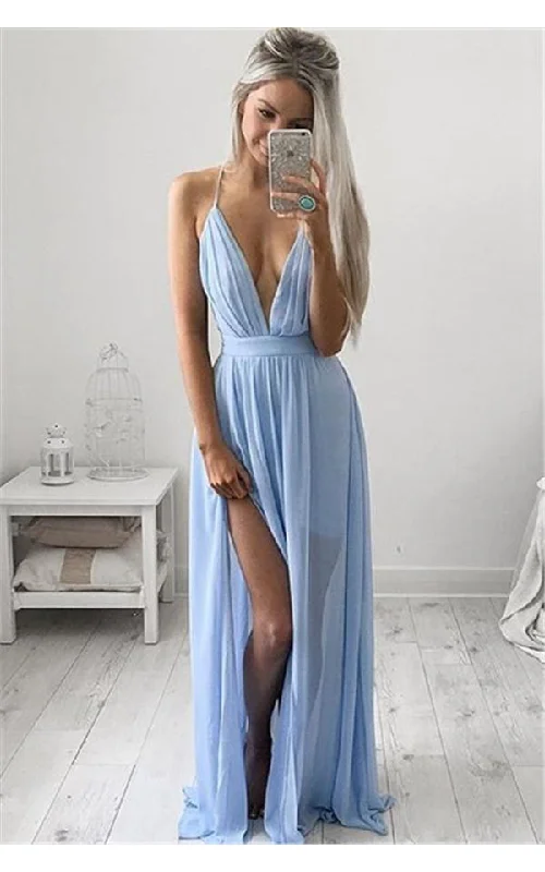 Button-down maxi dress-Elegant V-Neck Long Prom Dress Chiffon Floor Length-324649