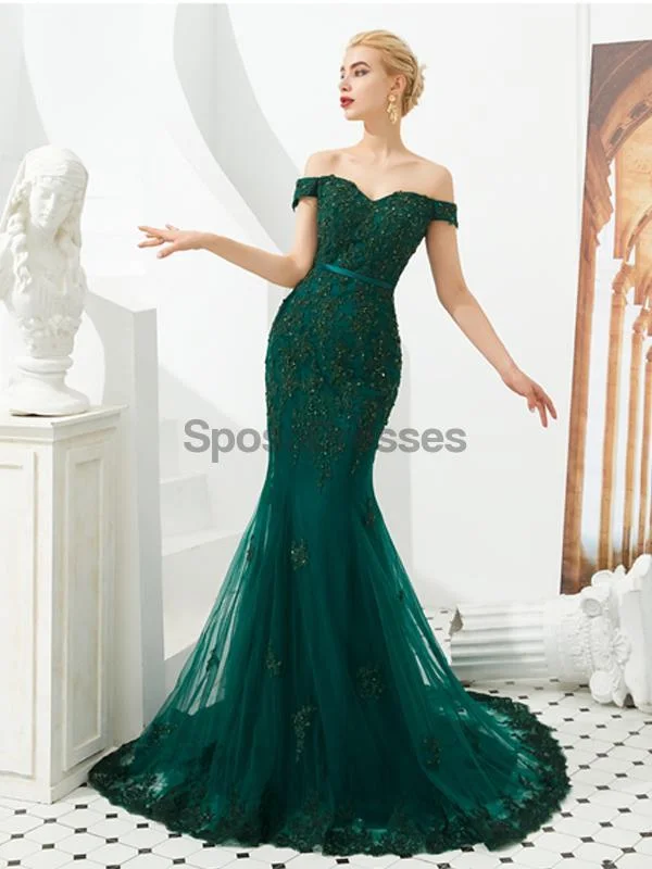 Maxi dress with layered tulle-Emerald Green Lace Applique Mermaid Evening Prom Dresses, Evening Party Prom Dresses, 12128