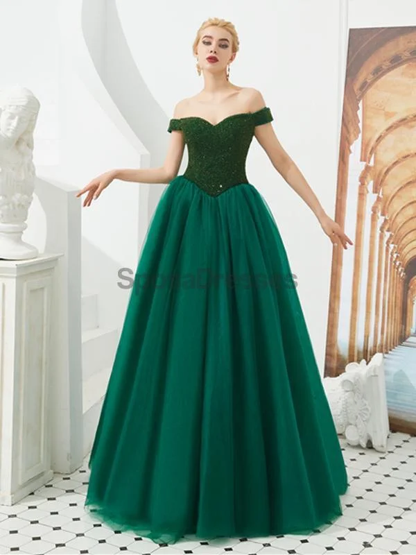 Maxi dress with keyhole back-Emerald Green Off Shoulder A-line Long Evening Prom Dresses, Evening Party Prom Dresses, 12129