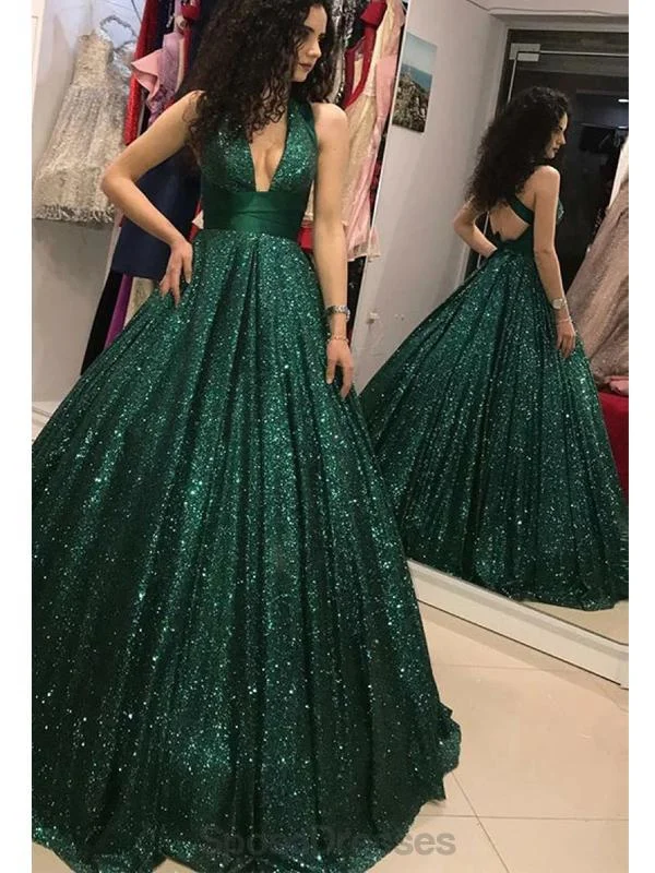 Beach-ready maxi dress-Emerald Green V Neck Sparkly Ball Gown Cheap Evening Prom Dresses, Evening Party Prom Dresses, 12156