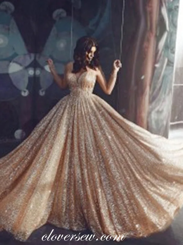 Maxi dress with crochet details-Fashion Gold Sequin Tulle Spaghetti Strap Backless Prom Dresses,CP0133