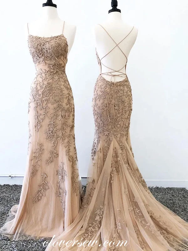 Maxi dress with statement sleeves-Fashion Lace Applique Spaghetti Strap Lace Up Back Prom Dresses,CP0304