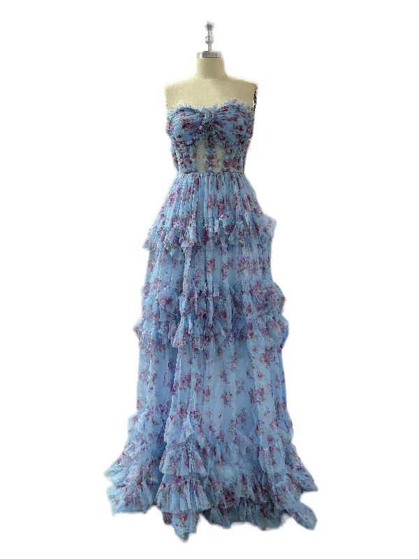 Maxi dress with nautical theme-Floral A-Line Ruffles Strapless Prom Dress