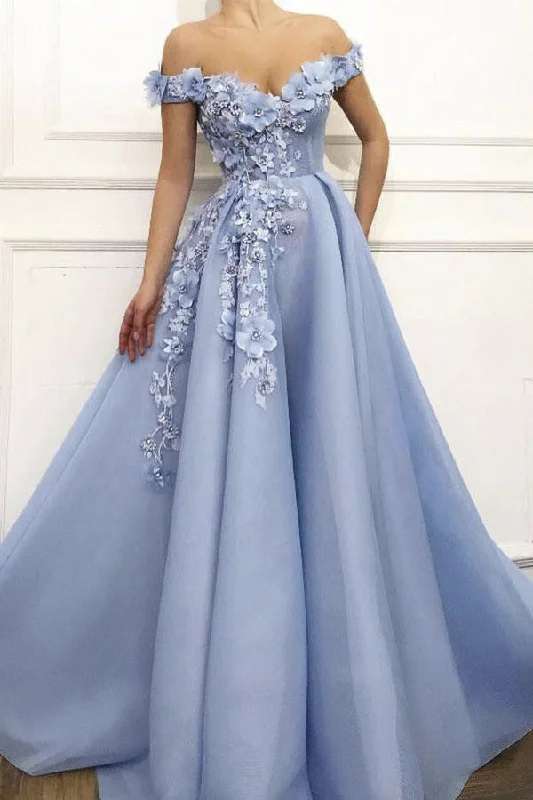 Maxi dress with festive look-Floral Appliqued Adorable Off-the-shoulder Ball Gown Prom Evening Dress With Beading-334173