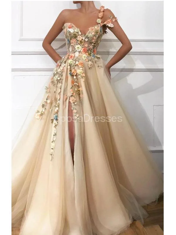 Maxi dress with split sleeves-Flower Shoulder Side Slit Cute Long Evening Prom Dresses, Evening Party Prom Dresses, 12224