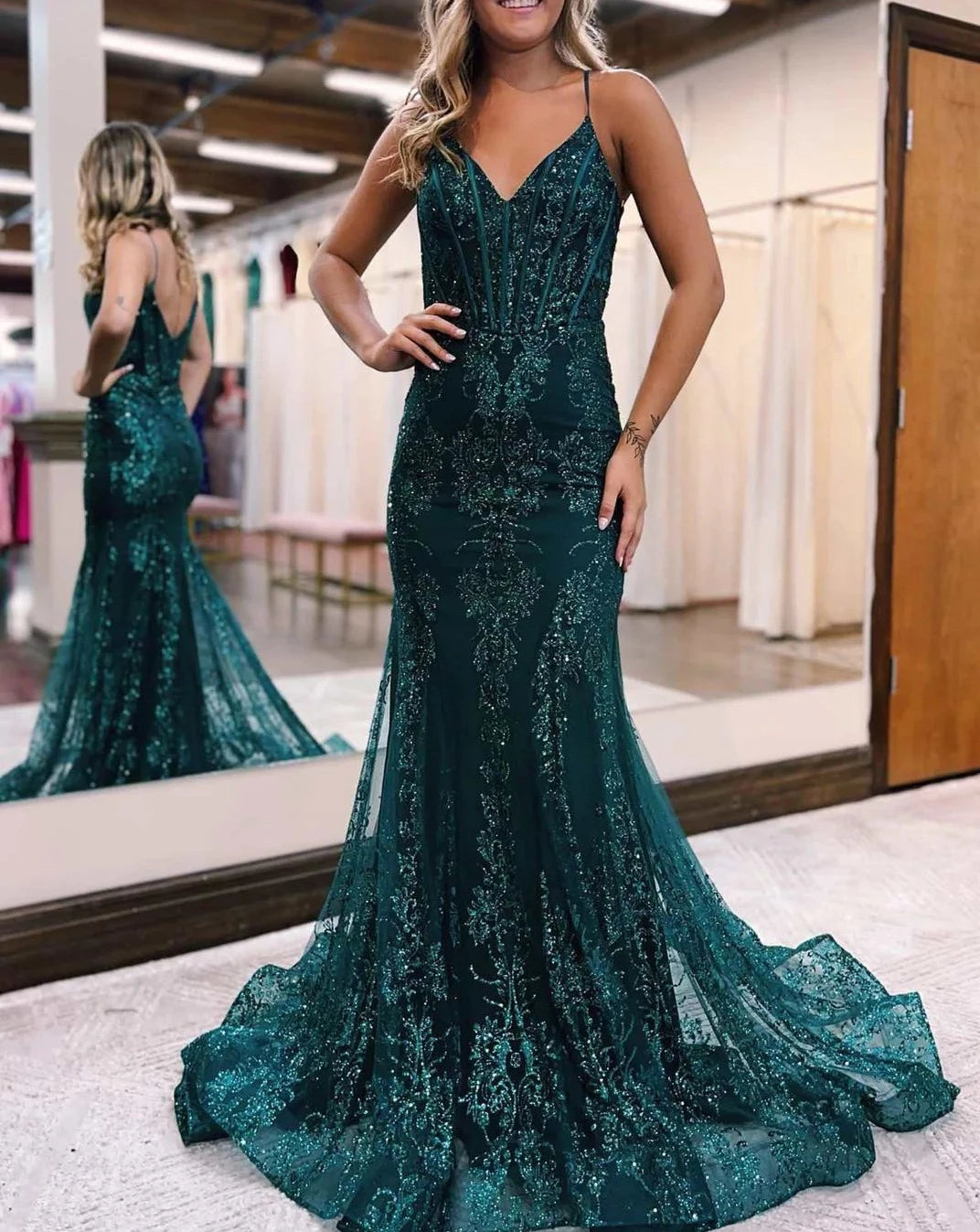 Layered ruffle maxi dress-Forest Green Prom Dresses with Appliques Lace