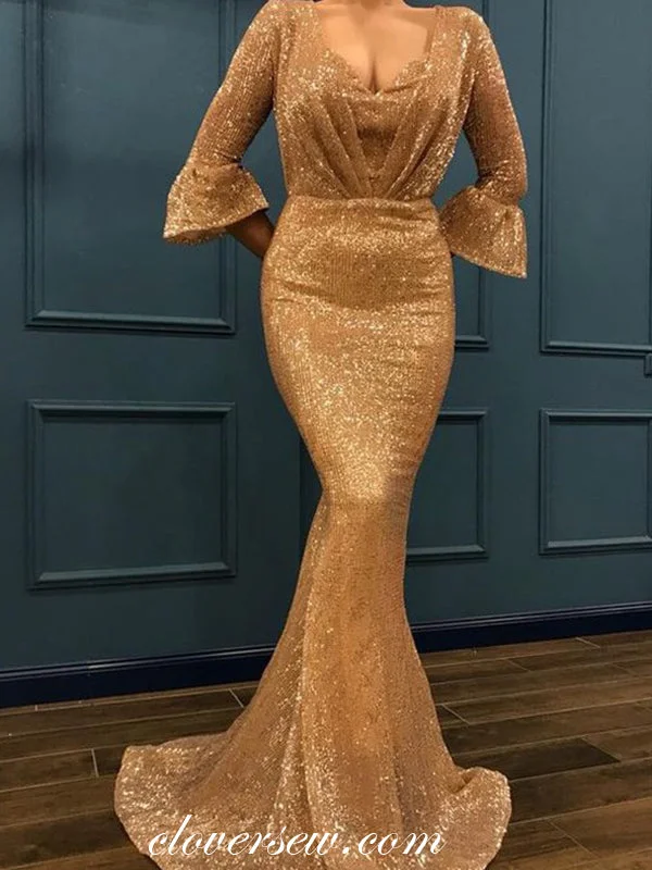 Maxi dress with embroidered bodice-Gold Sequin Half Sleeves Mermaid Shiny Prom Dresses,CP0195