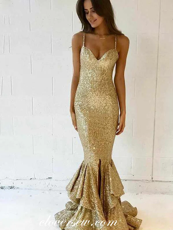 Maxi dress with smocked bodice-Gold Sequin Spaghetti Strap Ruffles Mermaid Prom Dresses, CP0106