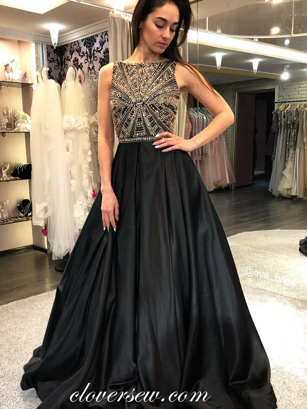 Spaghetti strap maxi dress for summer-Gorgeous Beads Black Satin Seeveless Open Back Prom Dresses, CP0029