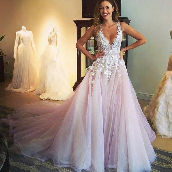 Halter neck maxi dress-Gorgeous Sleeveless V-Neck 2016 Prom Dress Tulle Appliques