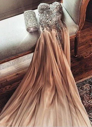 Maxi dress with boho prints-Gorgeous Sweetheart Crystal Prom Dress Evening Long Chiffon Party Gowns-318975