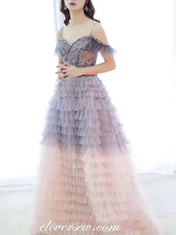 Maxi dress with tiered bodice-Gradient Ruffles Tulle Off The Shoulder A-line Prom Dresses ,CP0166