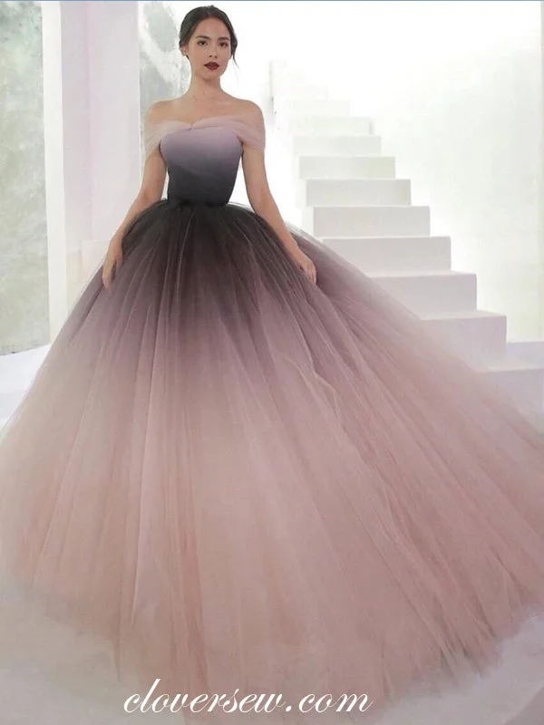 Maxi dress with bishop sleeves-Gradient Tulle Dusty Pink Off The Shoulder Ball Gown Prom Dresses,CP0211