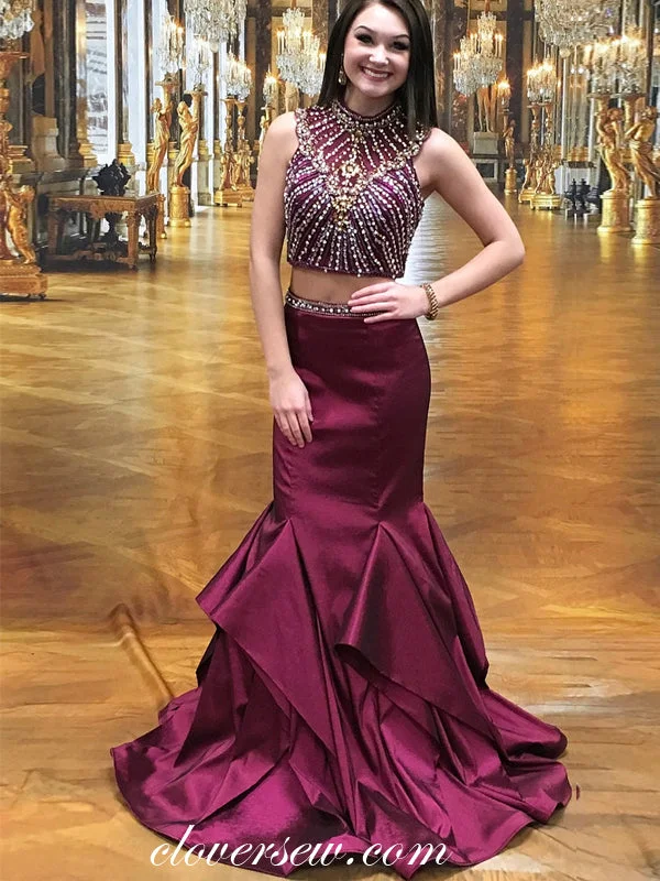 Lace overlay maxi dress-Grape Elastic Satin Rhinestone Bead Two Piece Mermaid Prom Dresses, CP0077