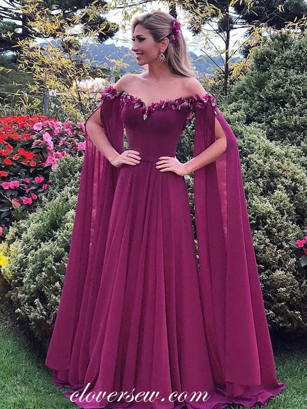 Maxi dress with sheer sleeves-Grape Purple Chiffon Long Sleeves Off The Shoulder A-line Prom Dresses,CP0315