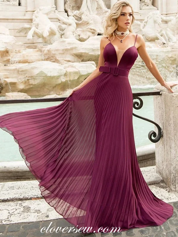 Maxi dress with side zippers-Grape Satin Pleat Chiffon Spaghetti Strap Prom Dresses,CP0309