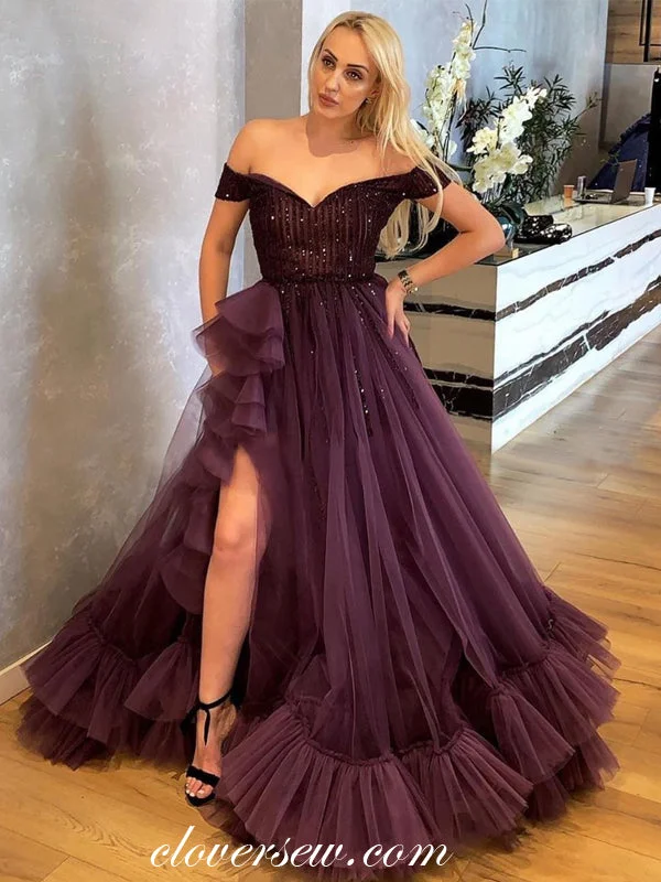 Maxi dress with geometric pattern-Grape Tulle Bead Top Off The Shoulder Ruffles A-line Prom Dresses, CP0124