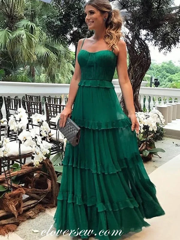 Maxi dress with bell sleeves-Green Chiffon Spaghetti Strap Tiered A-line Prom Dresses ,CP0213