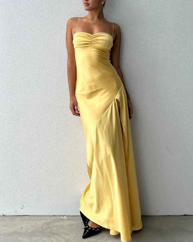 Maxi dress with side drawstrings-Yellow Prom Dresses Spaghetti Straps Slit Side Floor Length