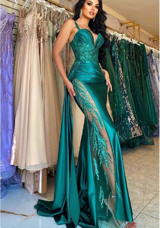 Sequin embellished maxi dress-Green Prom Dresses Straps Mermaid with Sequins