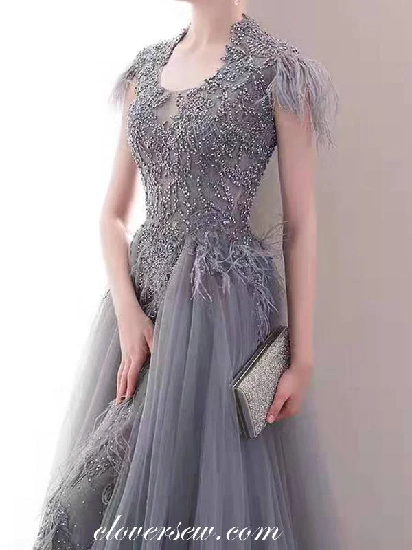 Maxi dress with vintage vibes-Grey Tulle With Bead Feather Cap Sleeves A-line Prom Dresses,CP0163