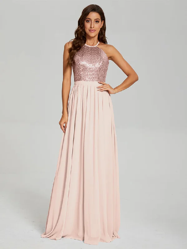 Layered ruffle maxi dress-Halter A-Line Sequins Prom Dresses With Split