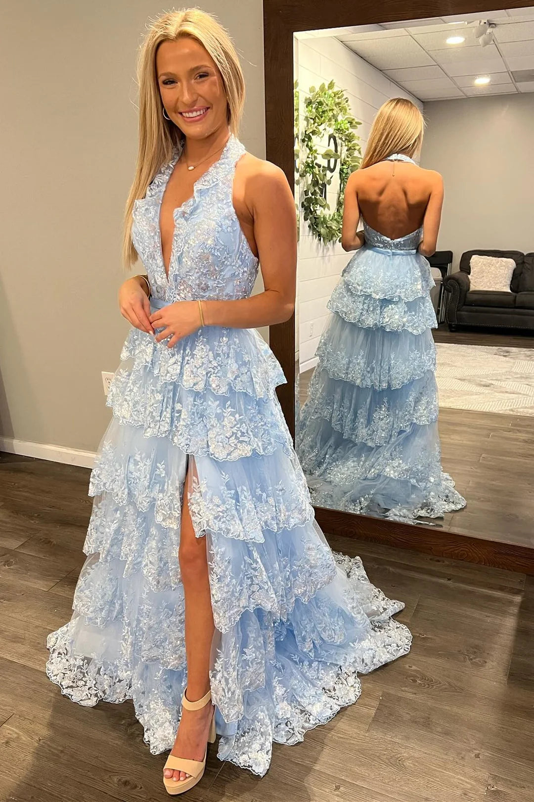 Maxi dress with flowy skirt-Halter Sky Blue Prom Dresses Slit Side Long